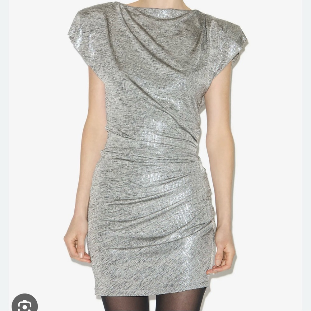 Isabel Marant Etoile Nadilia Ruched Silver Metallic Shimmer Mini Dress SZ S - Picture 1 of 15